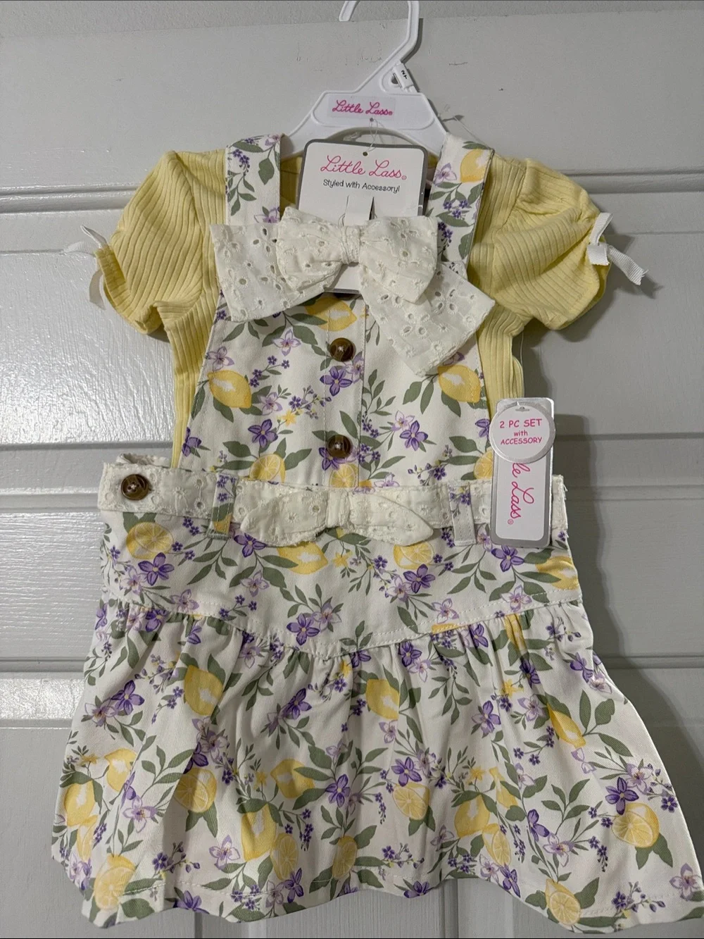 Little Lass Yellow Ribbed Tee with Cream Lemon Floral Pinafore Set